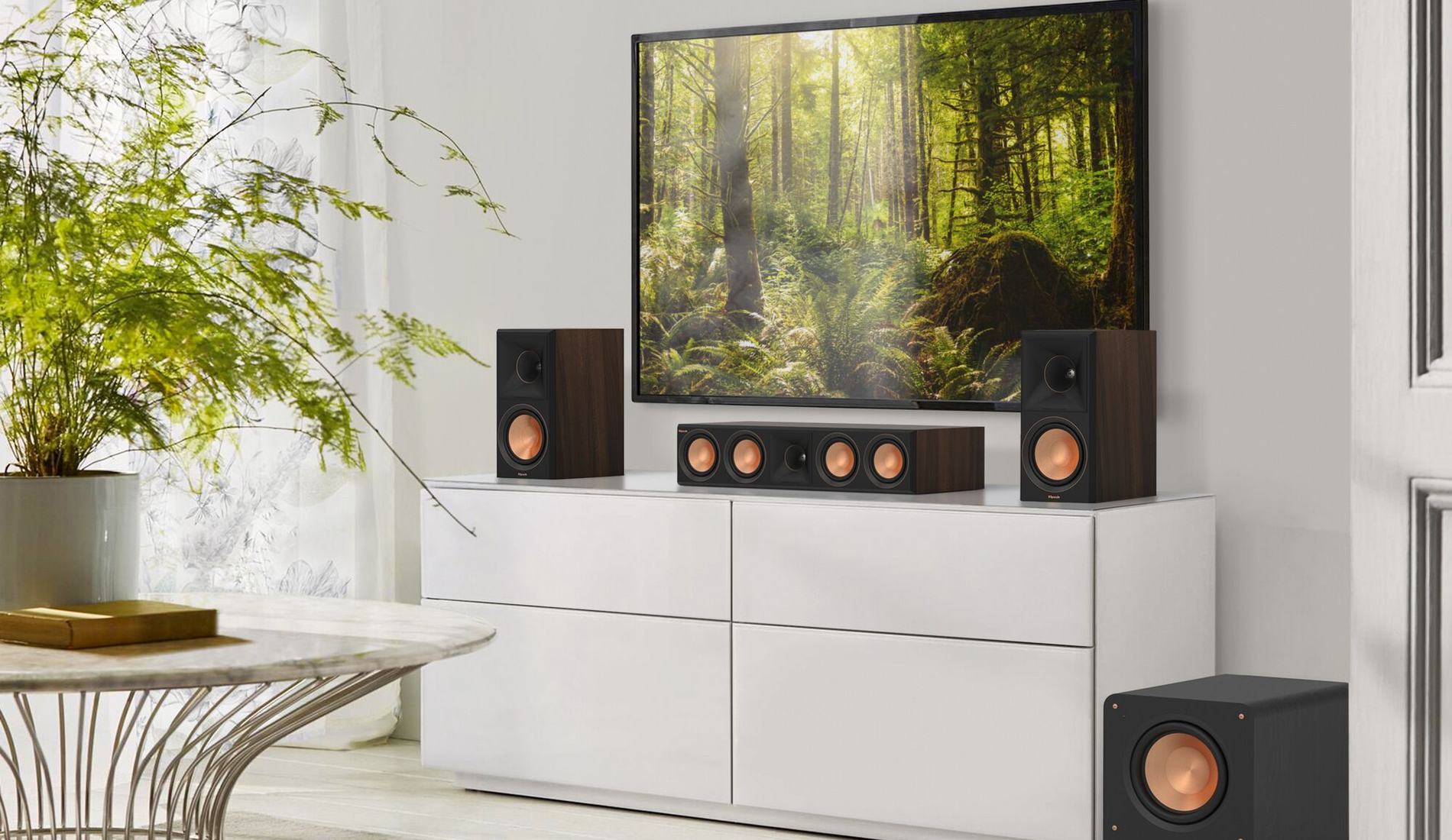 Klipsch soundbar and subwoofer in a sunlit living room